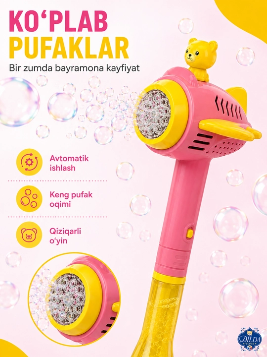Avtomatik sovun pufagi pistoleti, LED chiroqli, eritmasi bilan, 3 yoshdan bolalar uchun