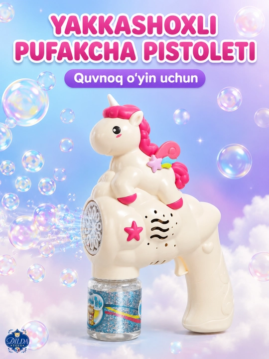 Avtomatik sovun pufagi pistoleti, LED chiroqli, eritmasi bilan, 3 yoshdan bolalar uchun