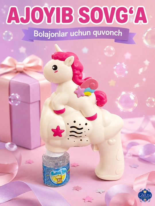 Avtomatik sovun pufagi pistoleti, LED chiroqli, eritmasi bilan, 3 yoshdan bolalar uchun