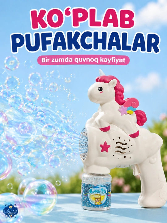Avtomatik sovun pufagi pistoleti, LED chiroqli, eritmasi bilan, 3 yoshdan bolalar uchun
