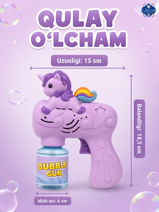 Avtomatik sovun pufagi pistoleti, LED chiroqli, eritmasi bilan, 3 yoshdan bolalar uchun