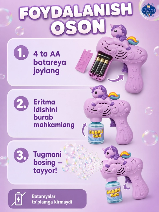 Avtomatik sovun pufagi pistoleti, LED chiroqli, eritmasi bilan, 3 yoshdan bolalar uchun
