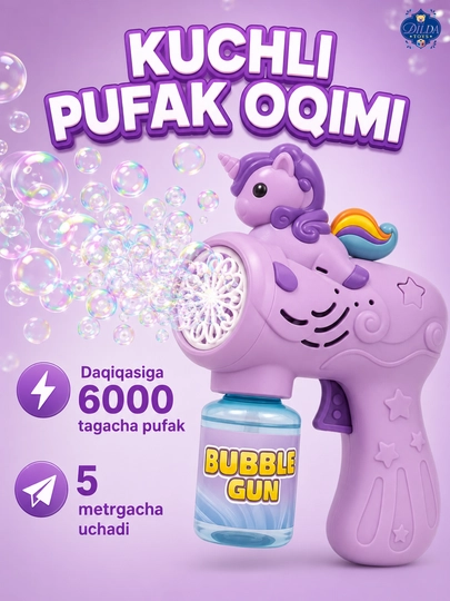 Avtomatik sovun pufagi pistoleti, LED chiroqli, eritmasi bilan, 3 yoshdan bolalar uchun