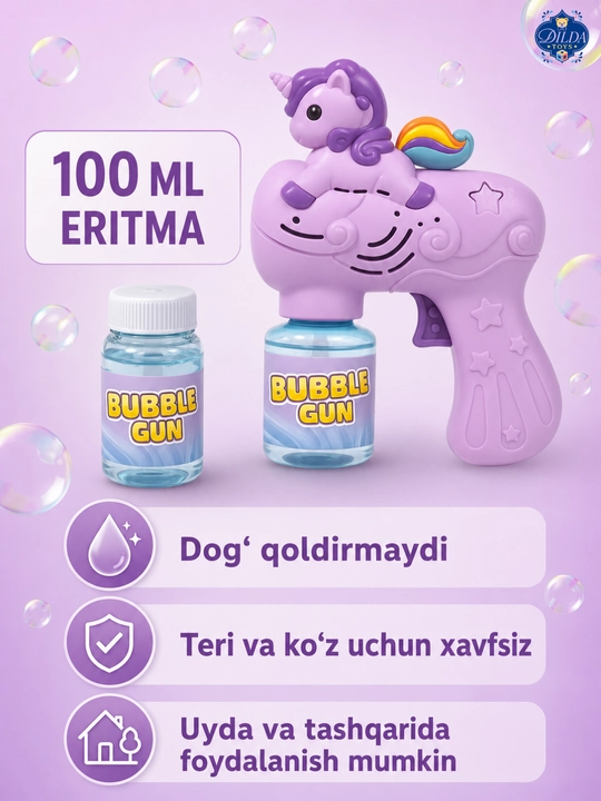 Avtomatik sovun pufagi pistoleti, LED chiroqli, eritmasi bilan, 3 yoshdan bolalar uchun