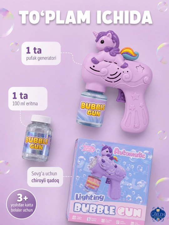 Avtomatik sovun pufagi pistoleti, LED chiroqli, eritmasi bilan, 3 yoshdan bolalar uchun