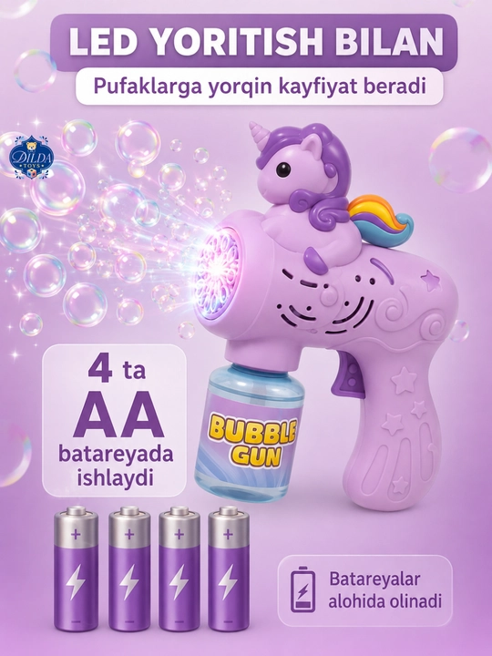 Avtomatik sovun pufagi pistoleti, LED chiroqli, eritmasi bilan, 3 yoshdan bolalar uchun