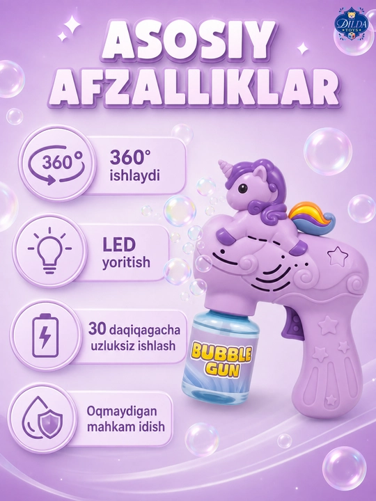 Avtomatik sovun pufagi pistoleti, LED chiroqli, eritmasi bilan, 3 yoshdan bolalar uchun