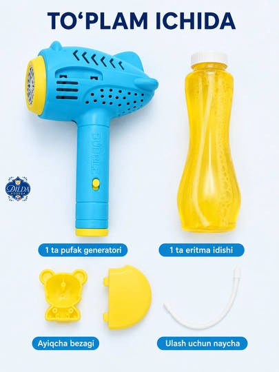 Avtomatik sovun pufagi pistoleti, LED chiroqli, eritmasi bilan, 3 yoshdan bolalar uchun