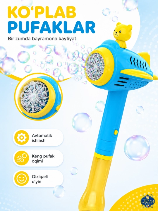 Avtomatik sovun pufagi pistoleti, LED chiroqli, eritmasi bilan, 3 yoshdan bolalar uchun