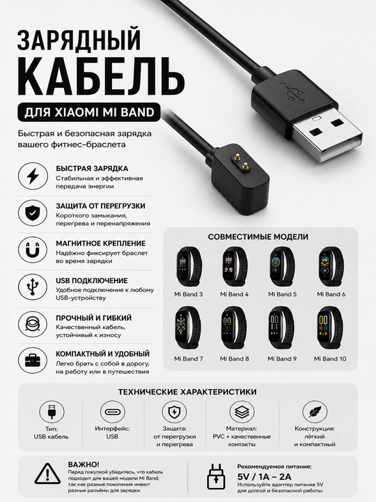 Зарядный кабель для Xiaomi Mi Band — надежная и быстрая зарядка - 