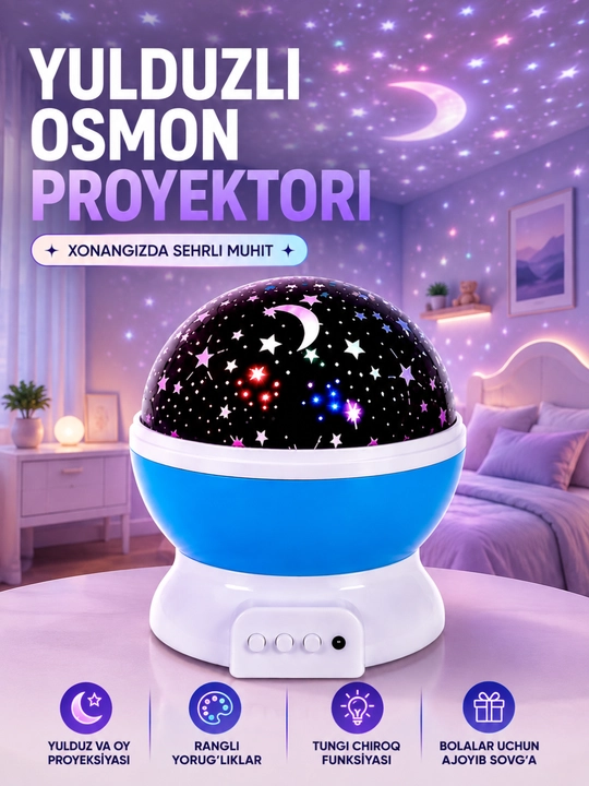 Tungi chiroq proyektor, yulduzli osmon effektli LED lampa, bolalar xonasi uchun - 