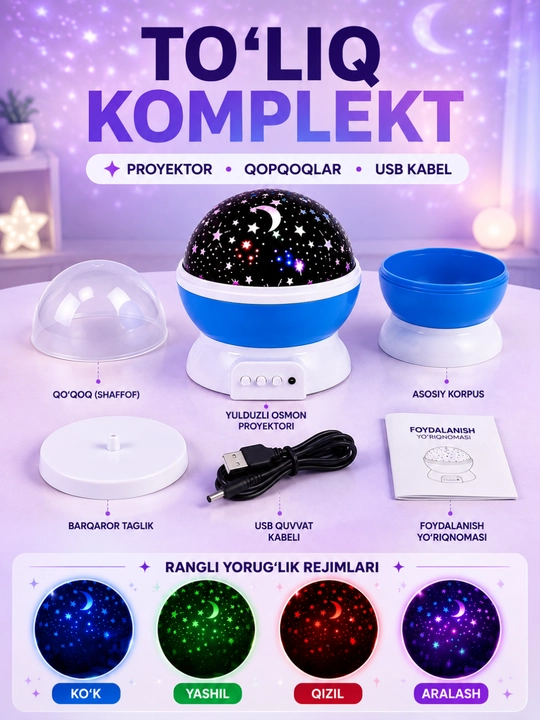 Tungi chiroq proyektor, yulduzli osmon effektli LED lampa, bolalar xonasi uchun