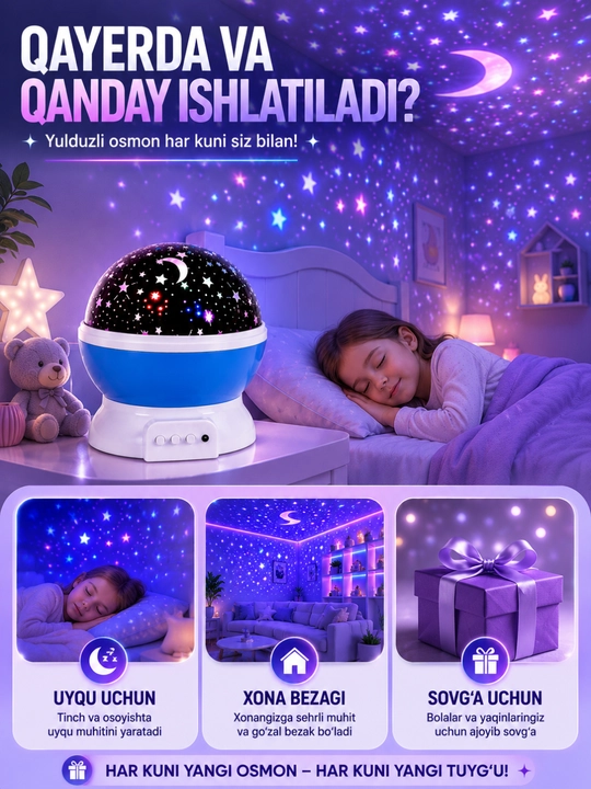 Tungi chiroq proyektor, yulduzli osmon effektli LED lampa, bolalar xonasi uchun