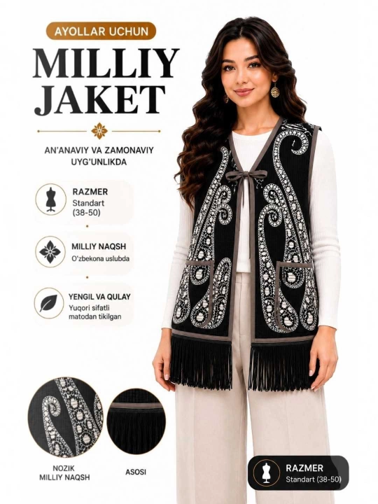 Ayollar va qizlar uchun milliy nimcha - jaket, jilet, kardigan - 38-50 o‘lcham