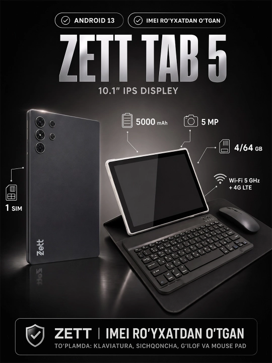 Planshet Zett Tab 5 10.1" IPS 4GB, 64GB, Android 13, 4G LTE, IMEI ro'yxatdan o'tgan - 