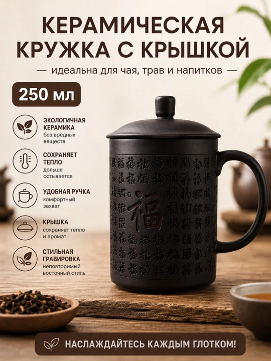 Choy va o‘tli ichimliklar uchun qopqoqli sopol krujka - 250 ml - 