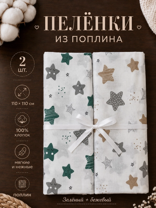 Набор пелёнок для новорожденных, 2 штуки, 4 штуки, поплин, 100% хлопок, 110×110 см