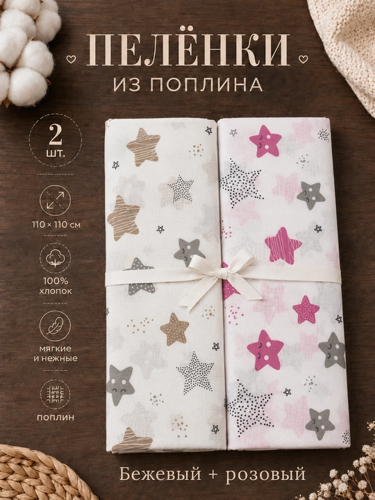 Набор пелёнок для новорожденных, 2 штуки, 4 штуки, поплин, 100% хлопок, 110×110 см - 