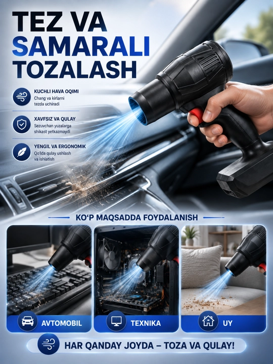 Kuchli havo tozalagich, akkumulyatorli elektr puflagich, avtomobil va texnika uchun blower