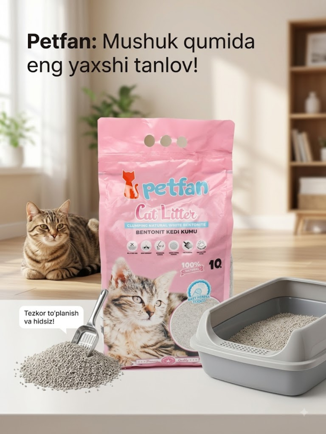 Mushuk hojatxonasi uchun to‘ldiruvchi, "PETFAN" tabiiy oq bentoniti, 10 litr - 