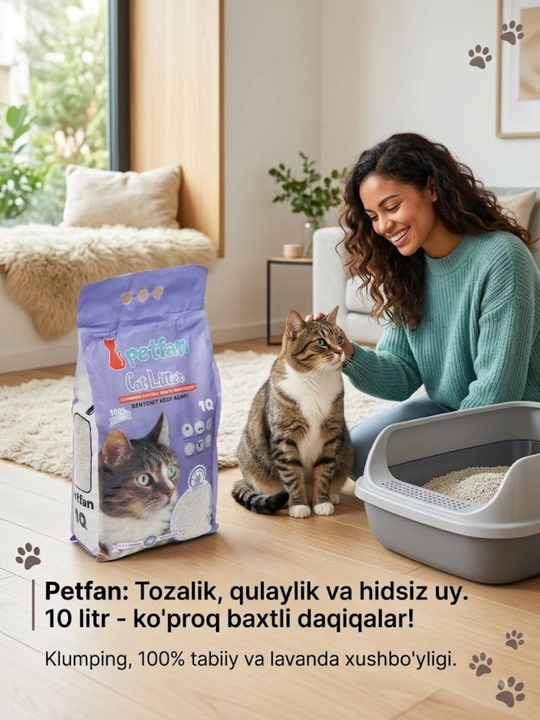 Mushuk hojatxonasi uchun to‘ldiruvchi, "PETFAN" tabiiy oq bentoniti, 10 litr - 