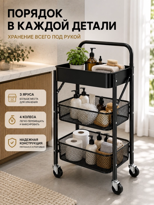 Etajerka g‘ildirakli, 3 qavatli metall organizer, oshxona va uy uchun