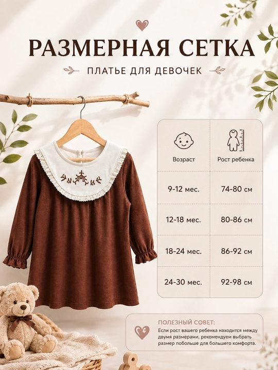 Платье для девочки коричневое, с воротником, длинным рукавом, нарядное и стильное