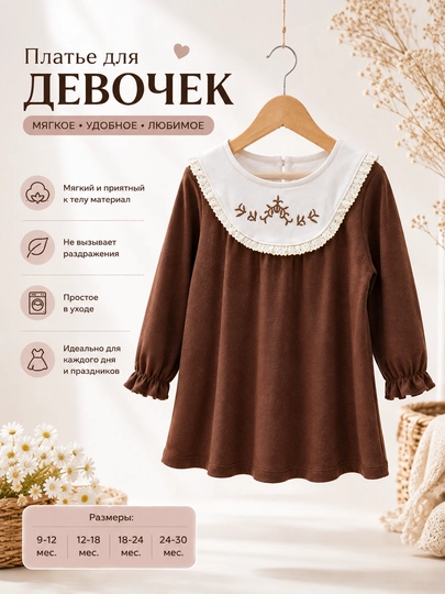 Платье для девочки коричневое, с воротником, длинным рукавом, нарядное и стильное