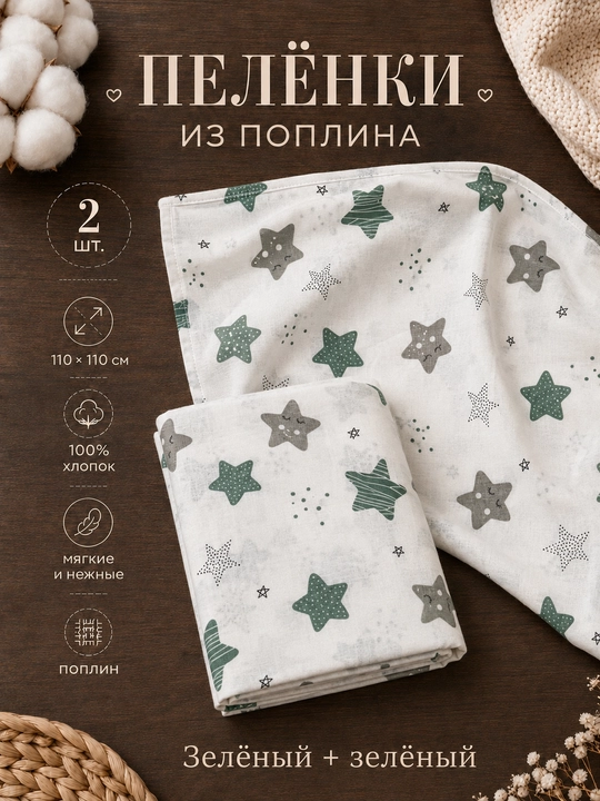 Набор пелёнок для новорожденных, простынь, 2 штуки, поплин, 100% хлопок, 110×110 см