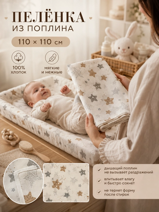 Набор пелёнок для новорожденных, простынь, 2 штуки, поплин, 100% хлопок, 110×110 см