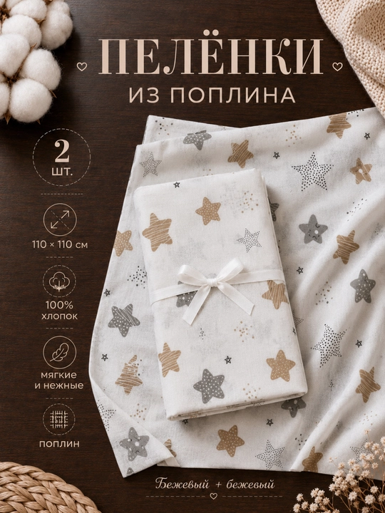 Набор пелёнок для новорожденных, простынь, 2 штуки, поплин, 100% хлопок, 110×110 см