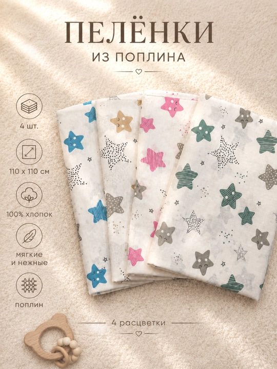 Набор пелёнок для новорожденных, простынь, 2 штуки, поплин, 100% хлопок, 110×110 см
