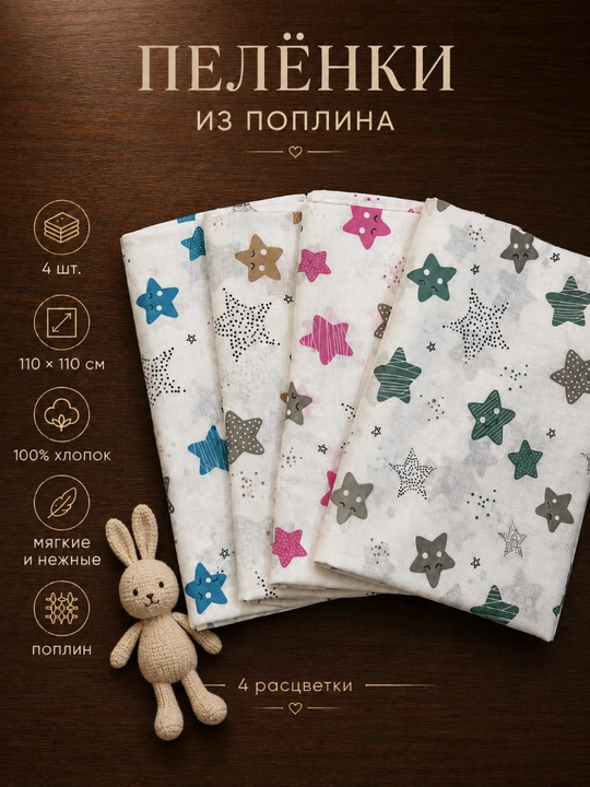 Набор пелёнок для новорожденных, простынь, 2 штуки, поплин, 100% хлопок, 110×110 см