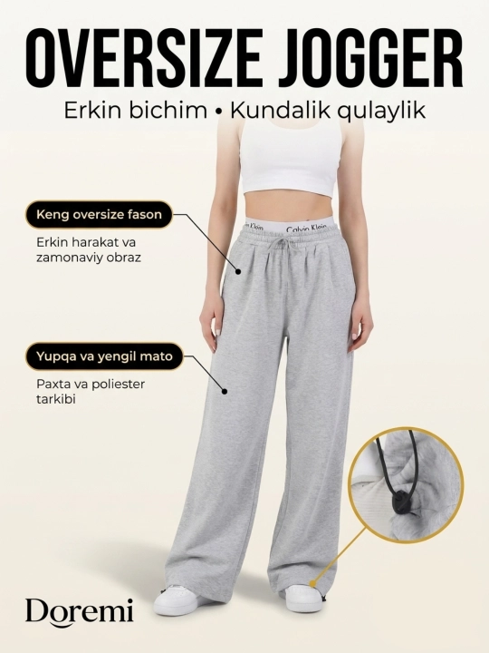 Ayol va qizlar uchun keng oversize jogger shim, sport shimlari, yengil, 46–52 o'lcham