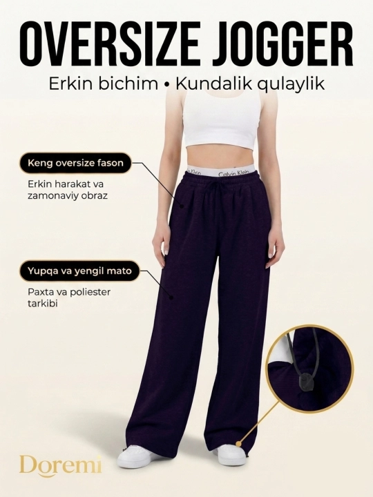 Ayol va qizlar uchun keng oversize jogger shim, sport shimlari, yengil, 46–52 o'lcham