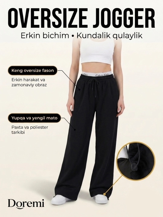 Ayol va qizlar uchun keng oversize jogger shim, sport shimlari, yengil, 46–52 o'lcham