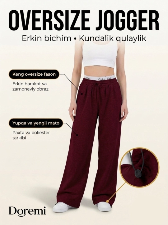 Ayol va qizlar uchun keng oversize jogger shim, sport shimlari, yengil, 46–52 o'lcham