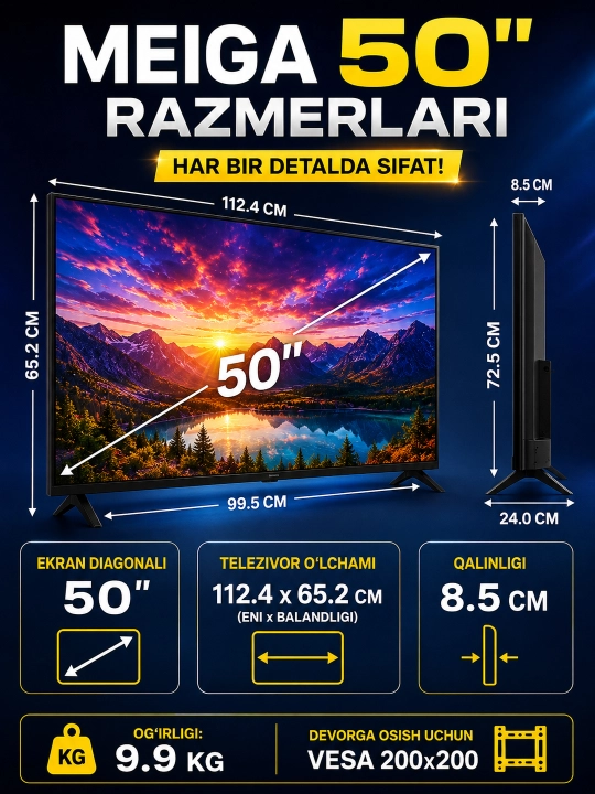 Телевизор MEIGA 50" Smart Android TV — IPS Full HD Wi-Fi Голосовое управление