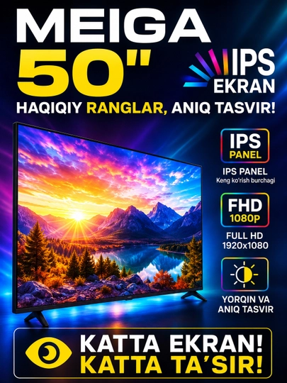 Televizor MEIGA 50" Smart Android TV — IPS Full HD Wi-Fi Ovoz orqali boshqaruv - 