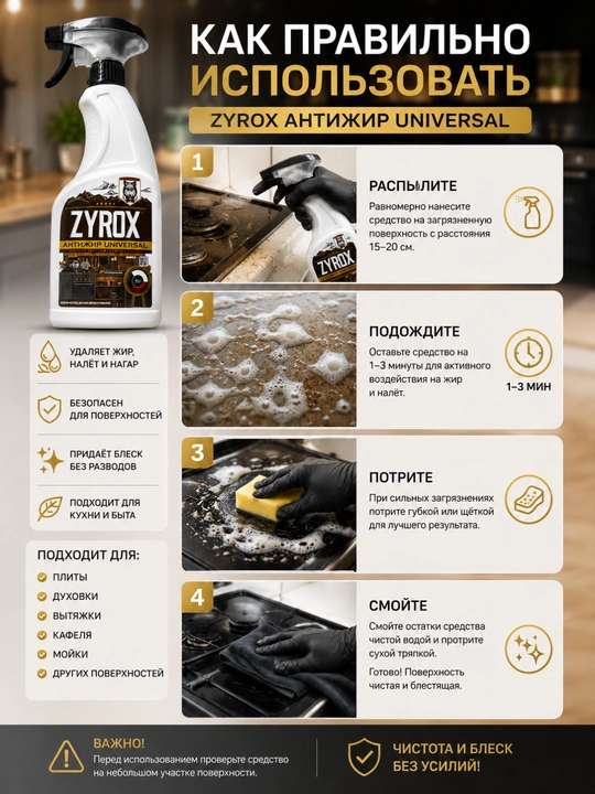 ZYROX Antijir Universal — yog‘, kuyindi va kirlarni tozalash vositasi, 500 ml