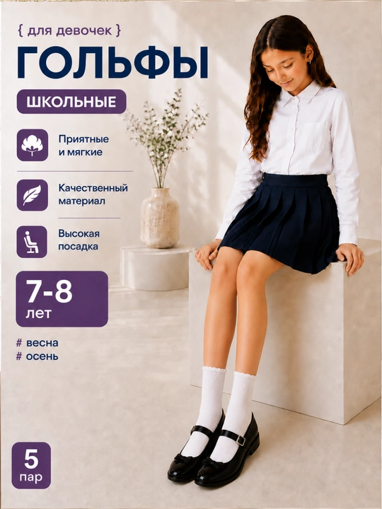 Школьные гольфы для девочек, белые, 5 пар, 7–8 лет - 