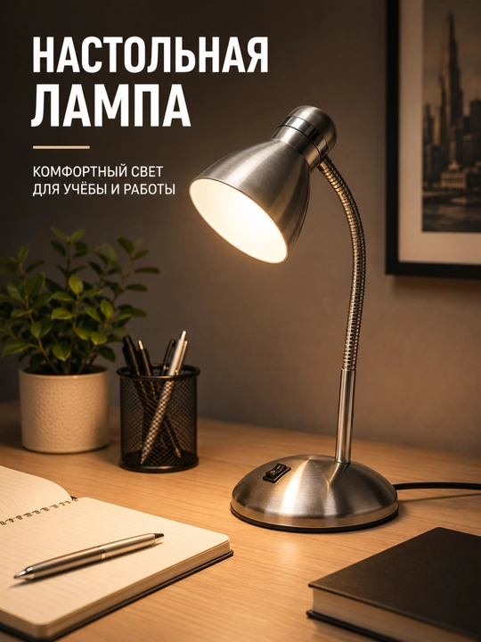 Stol lampasi metall, egiluvchan, o‘qish, dars va ish stoli uchun kumushrang - 