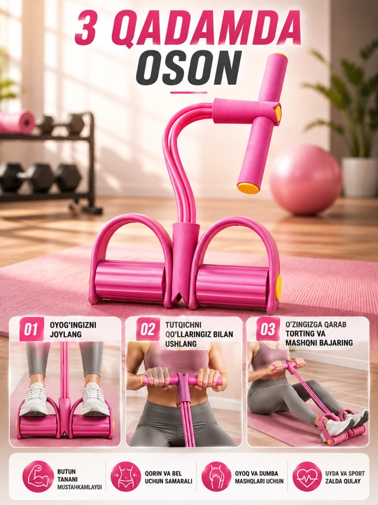 Rezinkali espander trenajor, qo‘l, oyoq, qorin va bel mashqlari uchun sport anjomi