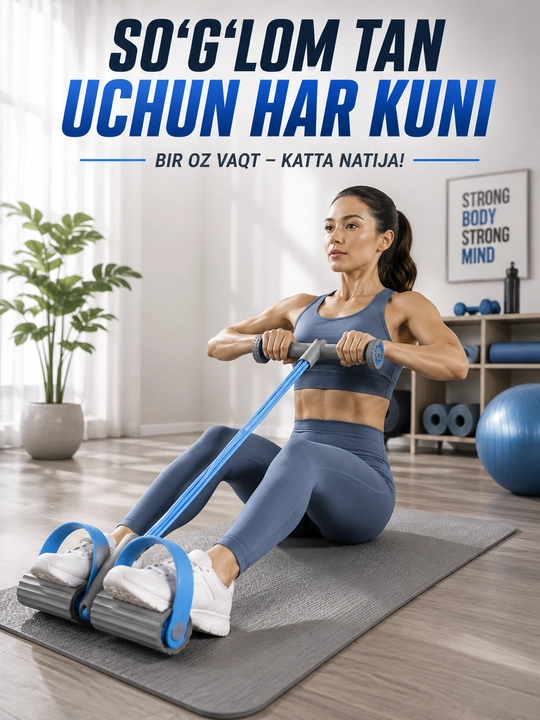 Rezinkali espander trenajor, qo‘l, oyoq, qorin va bel mashqlari uchun sport anjomi