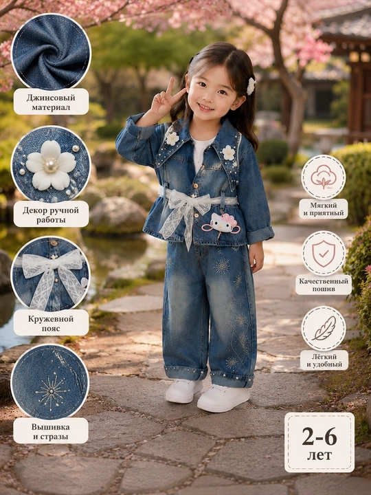 Kichkina malika uchun zamonaviy va nafis denim kostyum, yumshoq denim matosi, chiroyli - 
