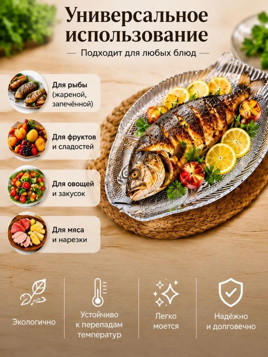 Salatlar, mevalar va taomlarni dasturxonga tortish uchun baliq shaklidagi shisha idish