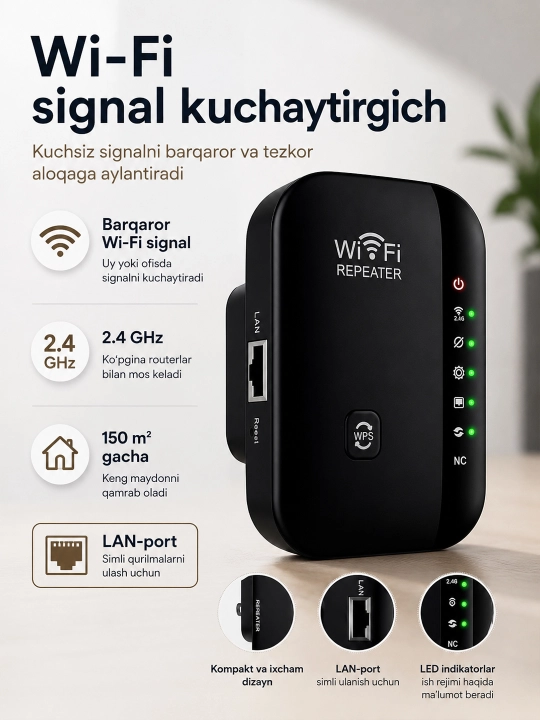 Wi-Fi signal kuchaytirgich 2.4 GHz, 300 Mbit/s gacha, LAN portli repiter - 