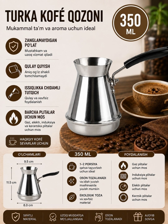 Qahva pitcheri 600 ml,350 ml, zanglamaydigan po‘latdan–sut ko‘pirtirish va latte-art uchun - 