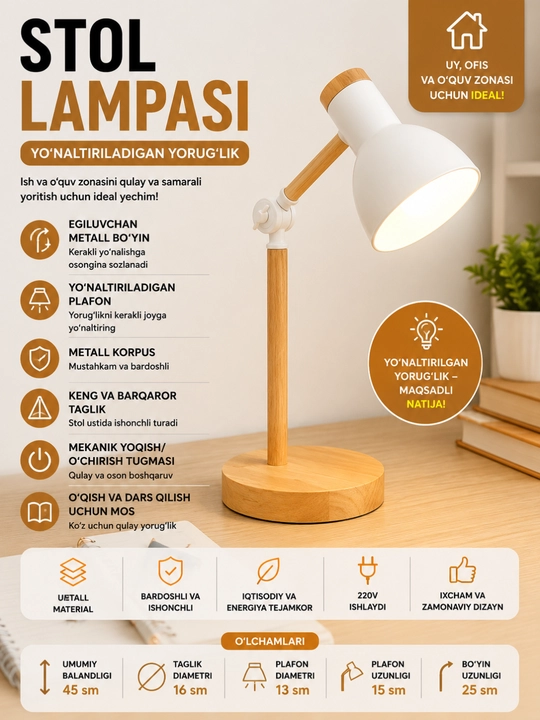 Stol lampasi metall, egiluvchan, o‘qish, dars va ish stoli uchun kumushrang - 