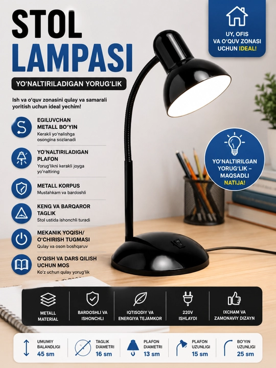 Stol lampasi metall, egiluvchan, o‘qish, dars va ish stoli uchun kumushrang - 